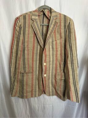 Billy Reid Striped Beige Blazer with Red and Blue Accents Size 44R Linen Blend